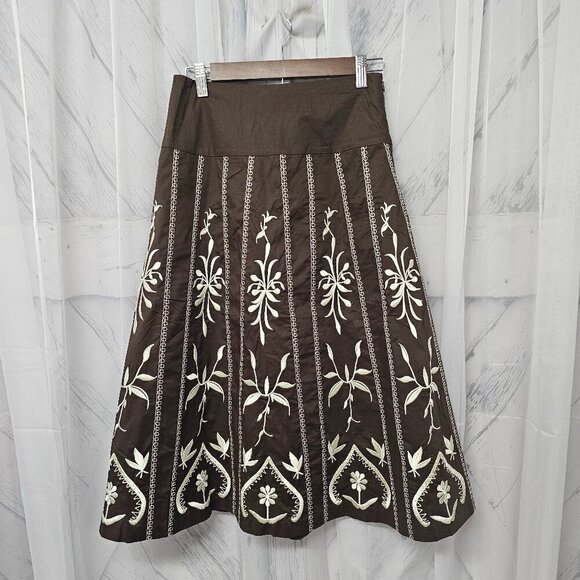 Dialogue Brown Cream Floral Embroidered A-Line Boho Midi Skirt Size 4 - Picture 1 of 11